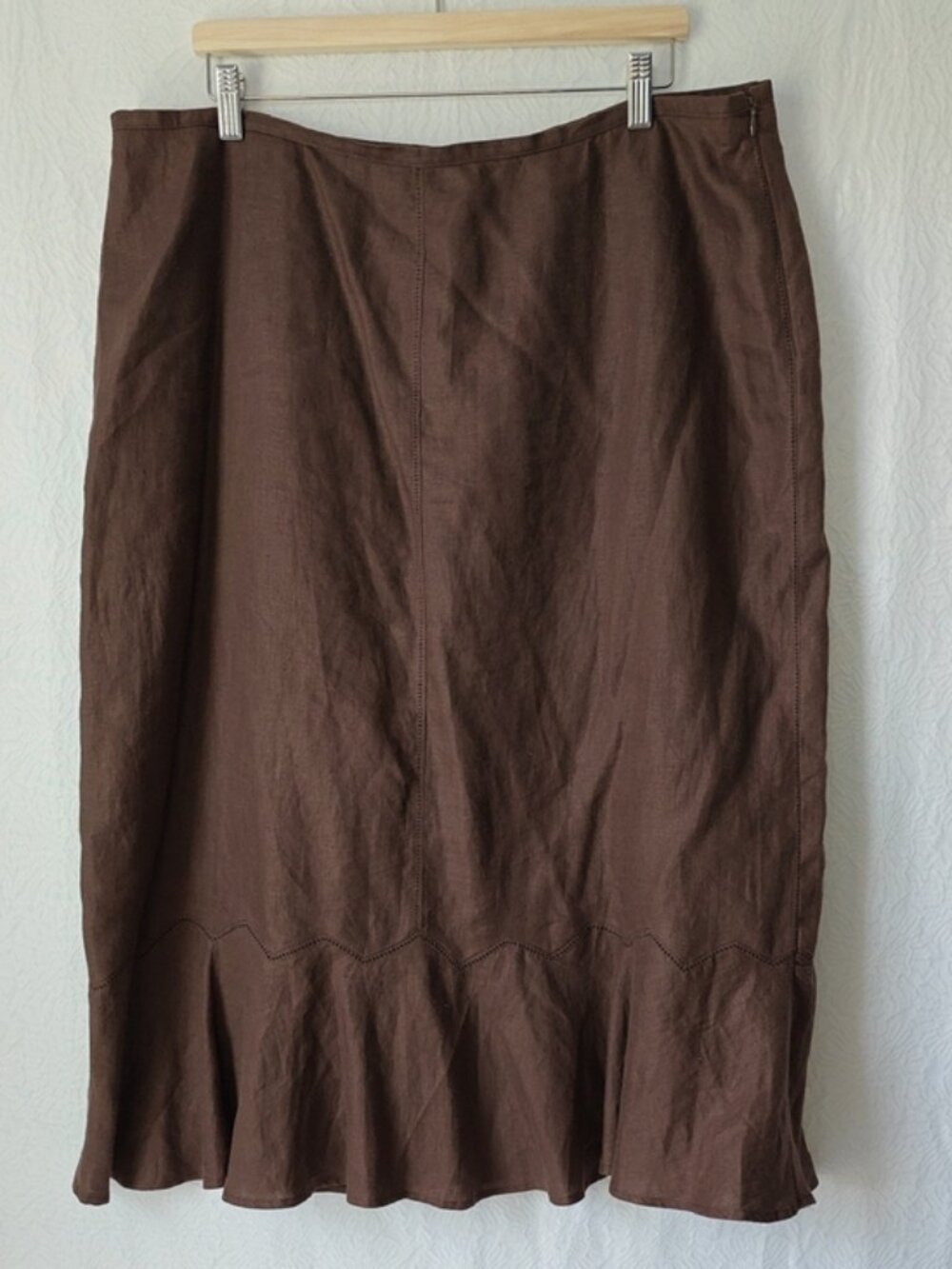 STYLE & CO. Brown Ruffled Hem Women's 100% Linen Midi Skirt Size 18W Side Zip